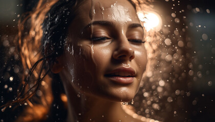 Young woman enjoys shower, eyes closed, smiling generated by AI
