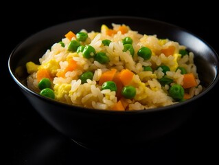 fried rice with diced carrots, peas, and scrambled eggs