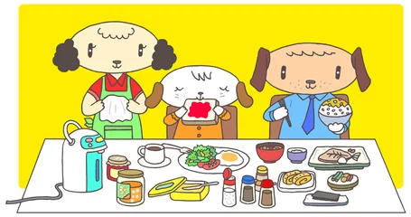 Poster デジタルイラスト - 犬家族の朝食風景 © T-KONI