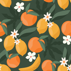 Fototapeta na wymiar vector seamless pattern with lemon, oranges, bananas and palm leaves. bright pattern in a flat style for printing onto fabric, wrapping paper. summer tropical background