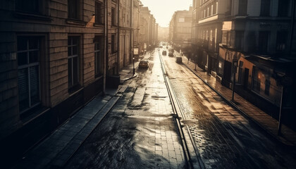 Sunset illuminates old city skyline, vanishing point generated by AI