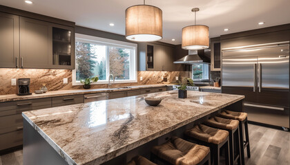 Luxury kitchen island with marble and granite generated by AI - obrazy, fototapety, plakaty