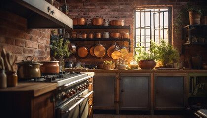 Fototapeta na wymiar Rustic wood stove cooks fresh meal indoors generated by AI