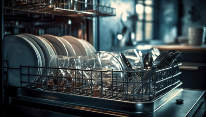 Stack of clean crockery in modern dishwasher generated by AI