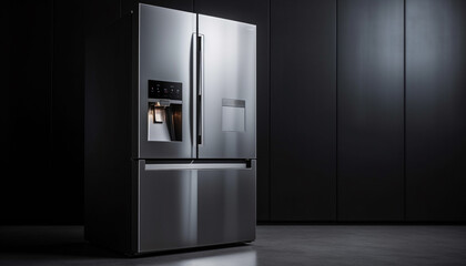 Modern stainless steel refrigerator, sleek and elegant design generated by AI