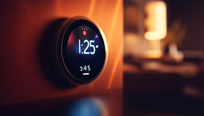 Glowing dashboard illuminated by close up speedometer gauge generated by AI