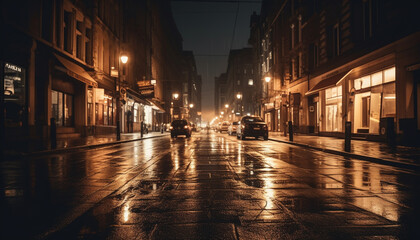 Fototapeta na wymiar Illuminated city street, blurred motion, vanishing point generated by AI