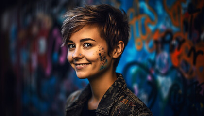 Fototapeta premium Smiling young adults and children in portrait generated by AI