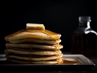 stack of pancakes topped with butter and maple syrup