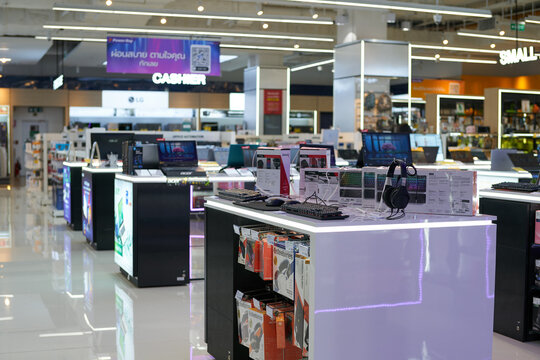 PATTAYA, THAILAND - CIRCA APRIL, 2023: various laptops on display at Power Buy store in Central Pattaya (CentralFestival Pattaya Beach) shopping mall.