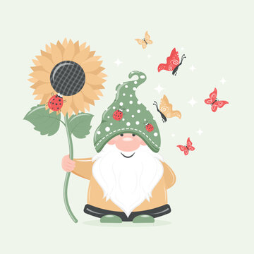 Funny dwarf with a sunflower in his hands. Gardener. Summer vector illustration