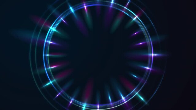 Blue purple neon laser rings with rays abstract background. Seamless looping technology motion design. Video animation Ultra HD 4K 3840x2160