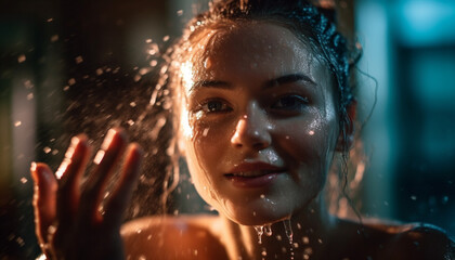 Beautiful woman enjoying shower, water drops falling generated by AI