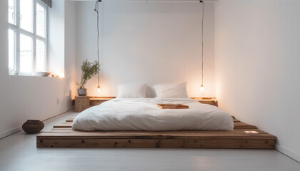 Cozy modern bedroom with elegant wood headboard generated by AI