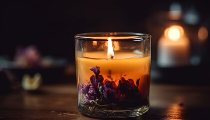 Glowing candle illuminates dark table in still life generated by AI