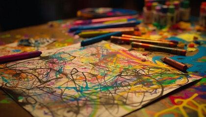 Vibrant colors on messy table inspire creativity generated by AI