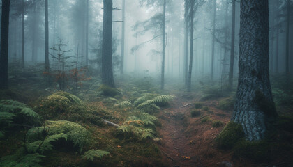 Fototapeta premium Mystery in the foggy forest of autumn generated by AI