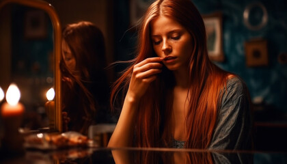 Young woman sitting alone in sadness indoors generated by AI