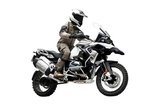 Motocross rider on a motorcycle big bike, Adventure touring motorbike riding journey, Front Side view perspective, isolated on white transparent background, ai generate