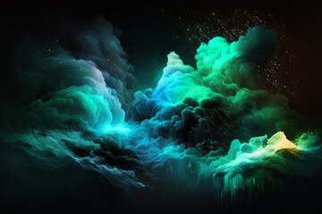 Obraz na płótnie Canvas Color mist. Ink water. Haze texture. Fantasy night sky. Blue green shiny glitter steam cloud blend on dark black abstract art background. 