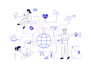Fototapeta premium Hi-Techy Emerging High Technology in Daily Life Hi-Tech Virtual Reality Augmented Artificial Intelligence Internet of Things Smart Bike Smarthome Robotics Agricultural 3D Printing Blockchain NLP