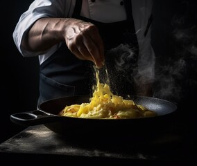 Cocinero preparando un plato de pasta en una sartén - obrazy, fototapety, plakaty