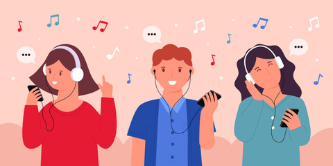 People listening to music with earphone and headphone concept