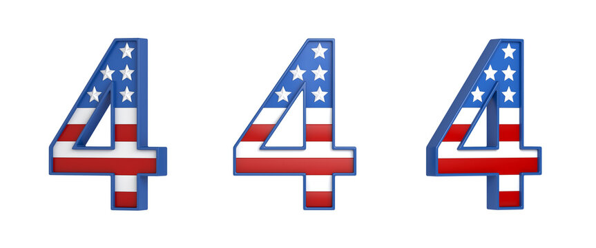 Set of 4 number with american flag color on transparent background, Fourth of July independence day, 3d rendering illustration