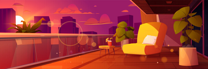 Cartoon apartment balcony with city sunset view. Vector illustration of cozy terrace with comfortable armchair for relax, cocktail glass, green plants. Hotel space for rest. Modern urban housing