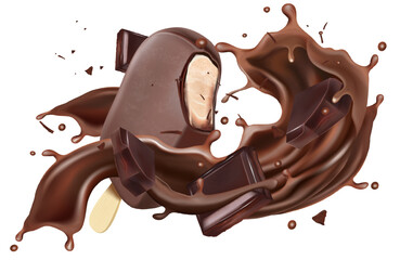 Chocolate liquid splashing in the middle isolated on solid color background, Vector realistic in 3d illustration.