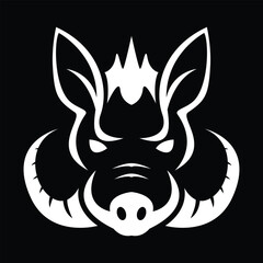 Mascot. Vector head of boar. White illustration of danger wild pig isolated on black background.
