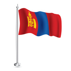 Mongolian Flag. Isolated Realistic Wave Flag of Mongolia Country on Flagpole.