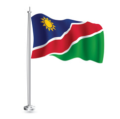 Namibia Flag. Isolated Realistic Wave Flag of Namibia Country on Flagpole.