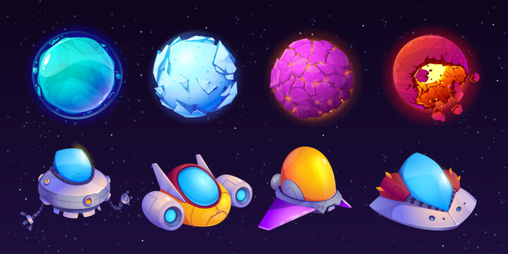 Cartoon set of alien UFO and planets isolated on night starry sky background. Vector illustration of space objects, destroyed asteroid, fantasy stars, funny spaceships flying. Game design elements