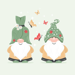 Funny dwarf elves . Kind grandfather. Nature. Summer vector illustration