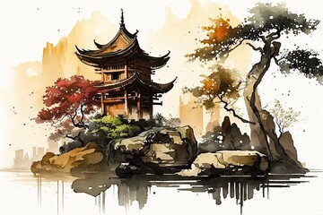 Chinese ink landscape painting created digitally Japan traditional  ink illustration background