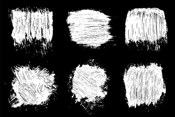 Set of scribble hand drawn in chalk on black background. Shabby white texture. Monochrome stain element. Rusted effect. Digitally generated image. Vector illustration, Eps 10.