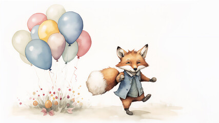 Obraz na płótnie Canvas Happy Birthday. Cute fox with balloon. Illustration. Post processed AI generated image