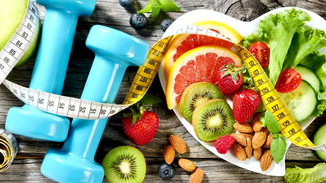 diet food concept- fresh mixed salad, dumbbell- fitness sport, healthy eating concept