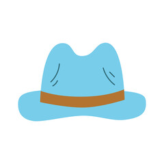 Isolated blue male hat with wide ribbon on white background in flat style. Summer recreation