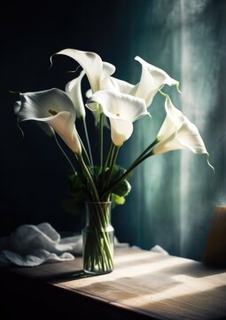 White callas lilies in a vase on the table. Generative AI, Generative AI