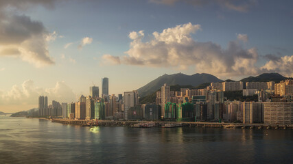 Fototapeta na wymiar Causebay and Hong Kong skyline at sunrise.