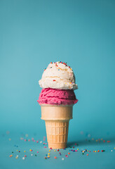 Ice cream cone with two scoops and sprinkles on blue background.