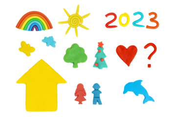 Numbers 2023 made out of play dough, plasticine isolated on white background. Holiday Art Activity for Kids. New Year 2023. Merry christmas concept