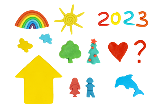 Numbers 2023 made out of play dough, plasticine isolated on white background. Holiday Art Activity for Kids. New Year 2023. Merry christmas concept