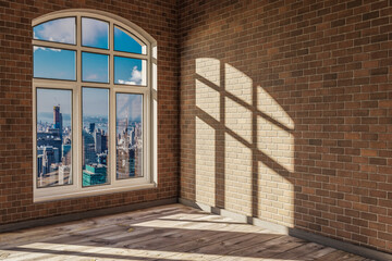 empty urban appartment with skyline view and brigth sunlight trough arched window; modern architecture design; 3D Illustration