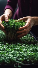 Nurturing Greens - A Person Tending to Growing Microgreens. Generative AI