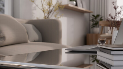 Close-up image of copy space on a modern coffee table in modern contemporary living room