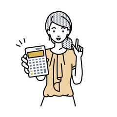 立って電卓を指差してこちらに向けて見せているオフィスカジュアルの女性