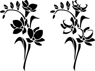 Freesia flowers. Set of black silhouettes of freesia isolated on a white background. Vector illustration